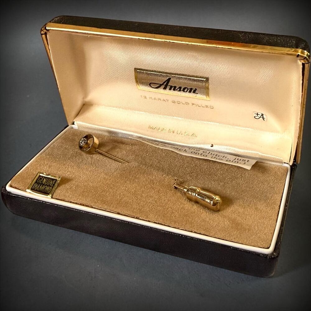 Vintage Anson Stick Pin 12k Gold Filled with Genuine Diamond Original Box